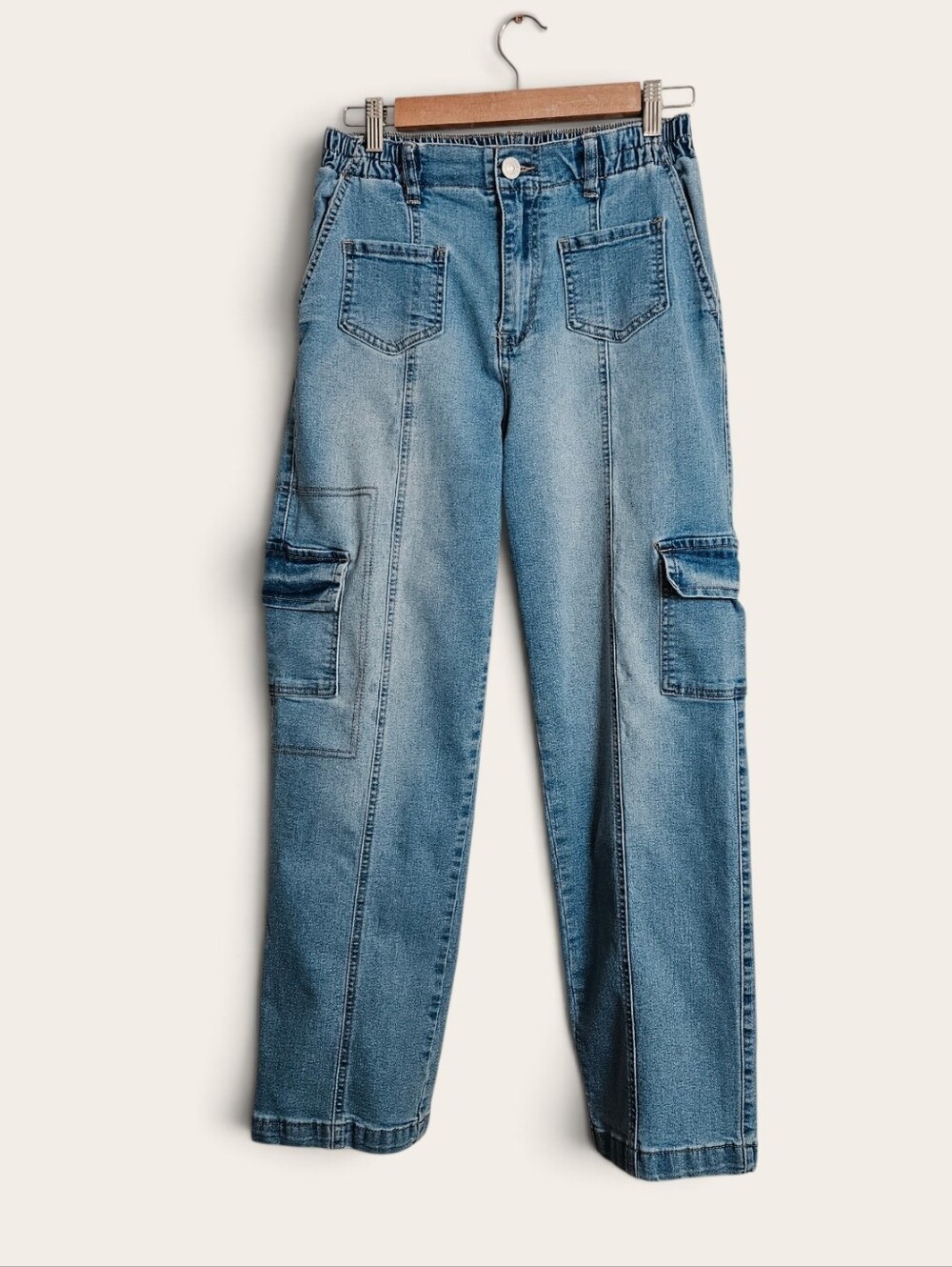 Madden NYC Cargo Baggy Light Wash High Rise Denim Jeans Size Medium
